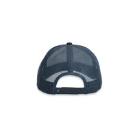 Snapback on back of Topo Designs Trucker Hat with mesh back and original logo patch in "Navy" blue.