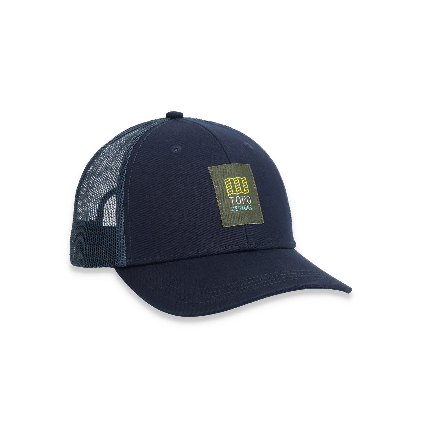 Topo Designs Trucker Hat with mesh back and original logo patch in "Navy" blue.