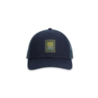 Topo Designs Trucker Hat with mesh back and original logo patch in "Navy" blue.