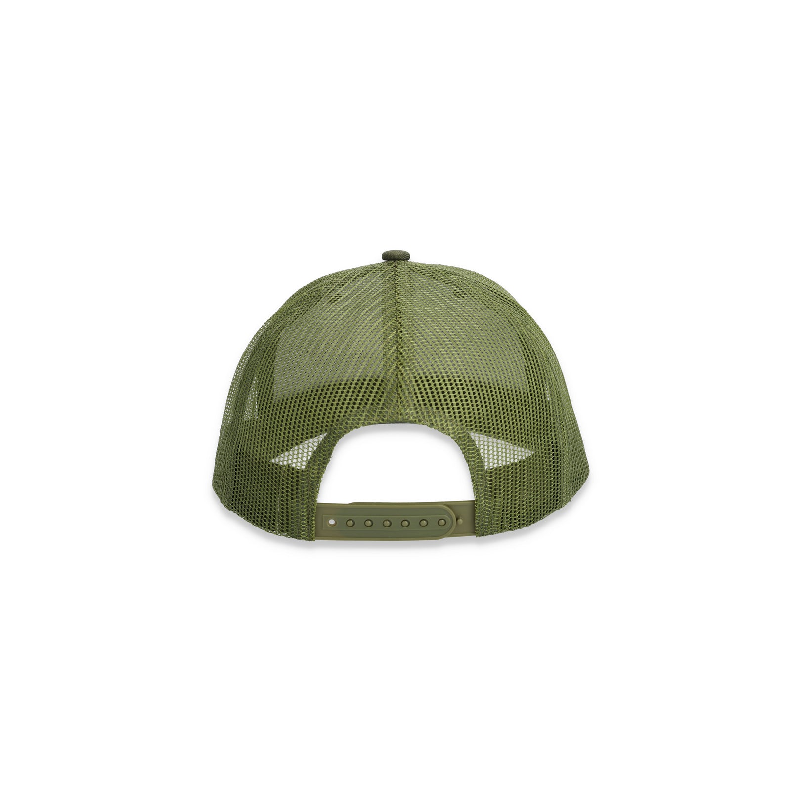 Snapback on back of Topo Designs Trucker Hat with mesh back and original logo patch in "Olive" green.