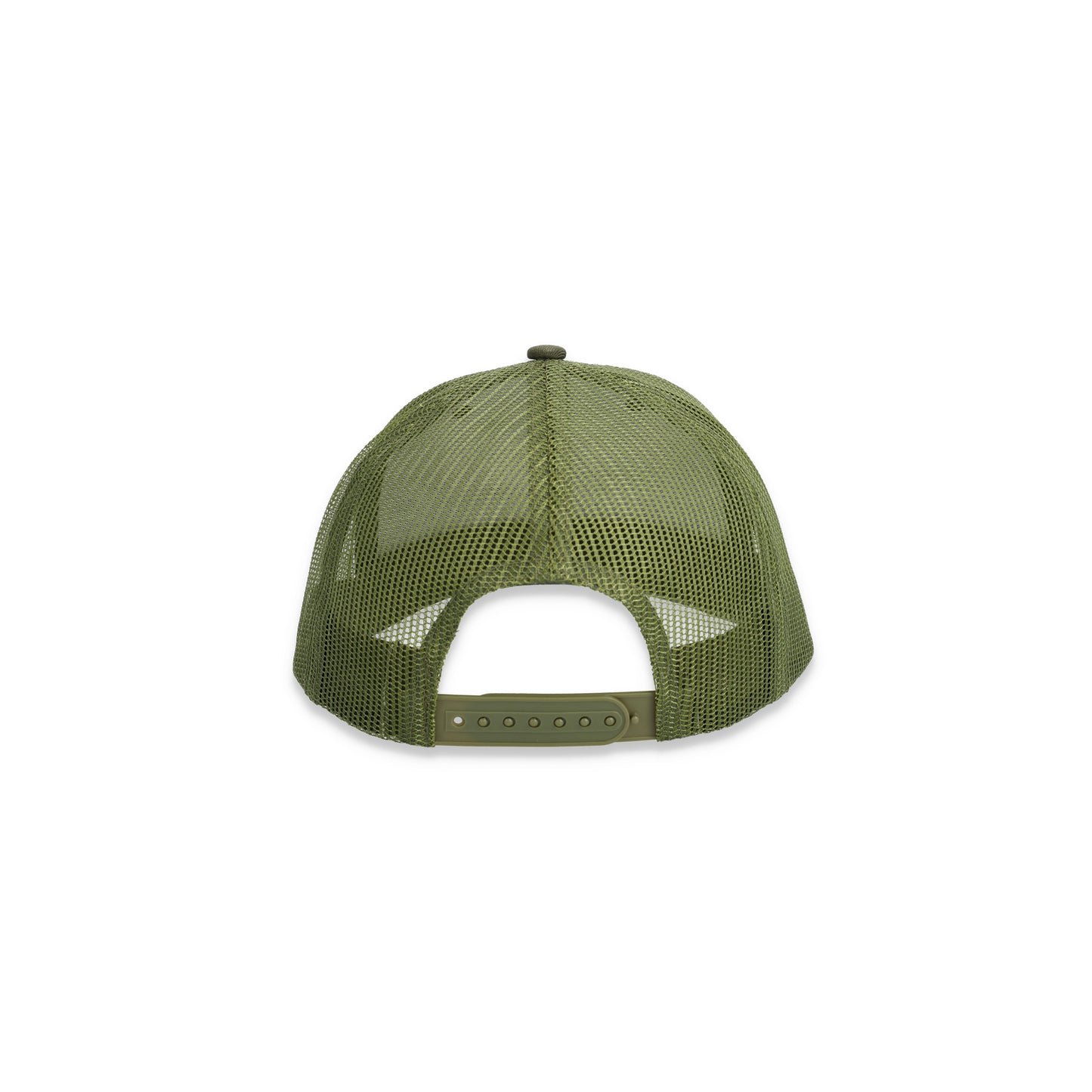 Snapback on back of Topo Designs Trucker Hat with mesh back and original logo patch in "Olive" green.