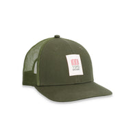 Topo Designs Trucker Hat with mesh back and original logo patch in "Olive" green.
