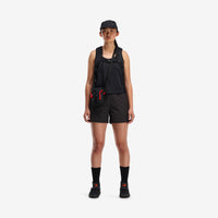Front model shot of Topo Designs Women's Global lightweight quick dry travel Shorts in "Black"