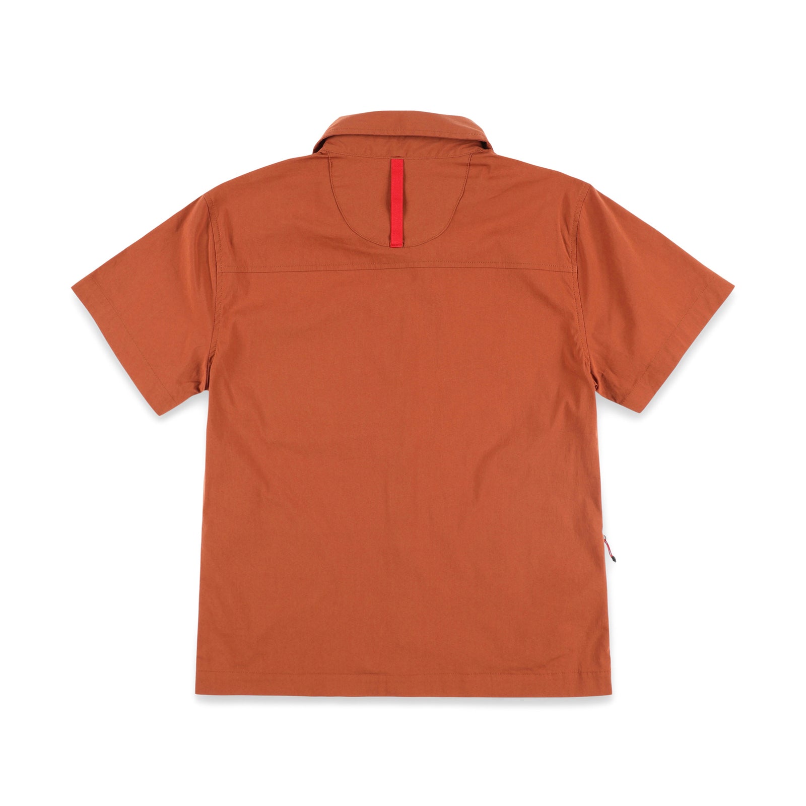 PackFast Packing Band on back of Topo Designs Women's Global Shirt Short Sleeve 30+ UPF rated travel shirt in "Brick" orange.