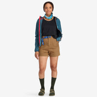 General shot of model wearing Topo Designs Women's Mountain Shorts in organic cotton dark khaki brown.