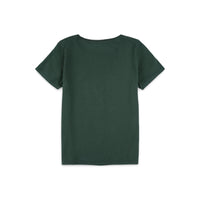Back of Topo Designs Women's Peaks & Valleys Tee 100% organic cotton logo graphic short sleeve t-shirt in "Forest" green.