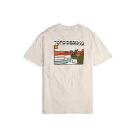 Back view of Topo Designs Men's Cactus Landscape Tee 100% organic cotton short sleeve graphic logo t-shirt in "natural" white.
