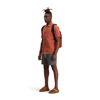 General shot of Topo Designs Men's Short Sleeve Dirt Shirt in "Brick" orange on model.