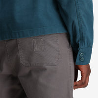 Detail shot of Topo Designs Men's Dirt shirt Jacket in "Pond Blue".