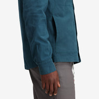 Detail shot of Topo Designs Men's Dirt shirt Jacket in "Pond Blue".