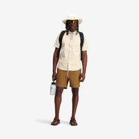 Topo Designs Men's Short Sleeve Dirt Shirt in "Sand" white natural on model.