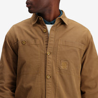 General detail shot of Topo Designs Men's Dirt shirt Jacket 100% organic cotton in "Dark Khaki".