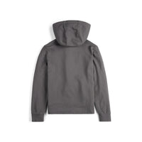 Back of Topo Designs Men's Dirt Hoodie 100% organic cotton French terry sweatshirt in "charcoal" gray.
