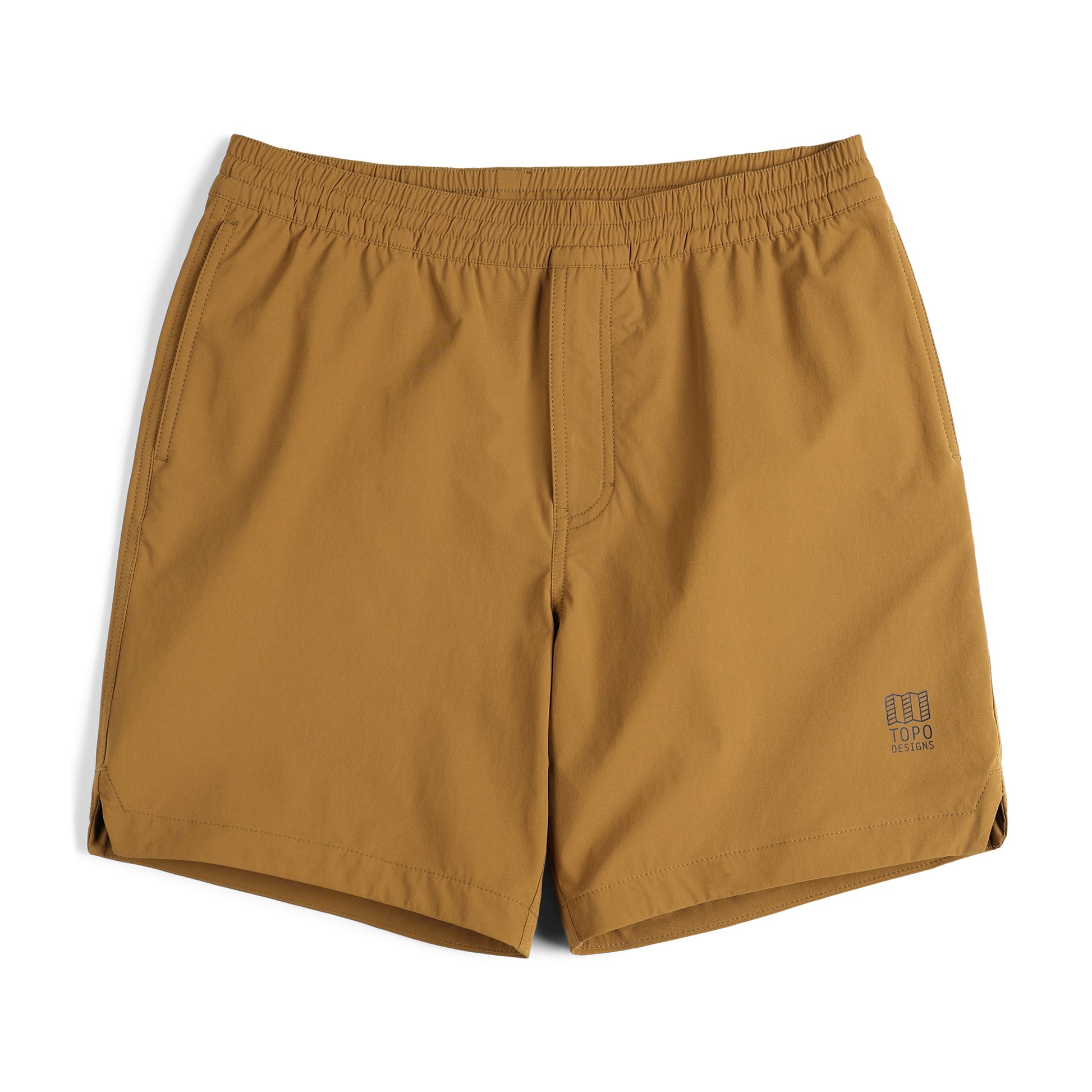 Topo Designs Men's Global lightweight quick dry travel Shorts in "Dark Khaki" brown.