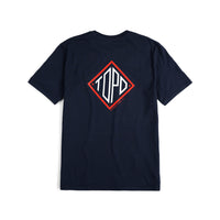 Back view of Topo Designs Men's Small Diamond Tee 100% organic cotton short sleeve graphic logo t-shirt in "navy" blue.