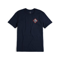 Front view of Topo Designs Men's Small Diamond Tee 100% organic cotton short sleeve graphic logo t-shirt in "navy" blue.