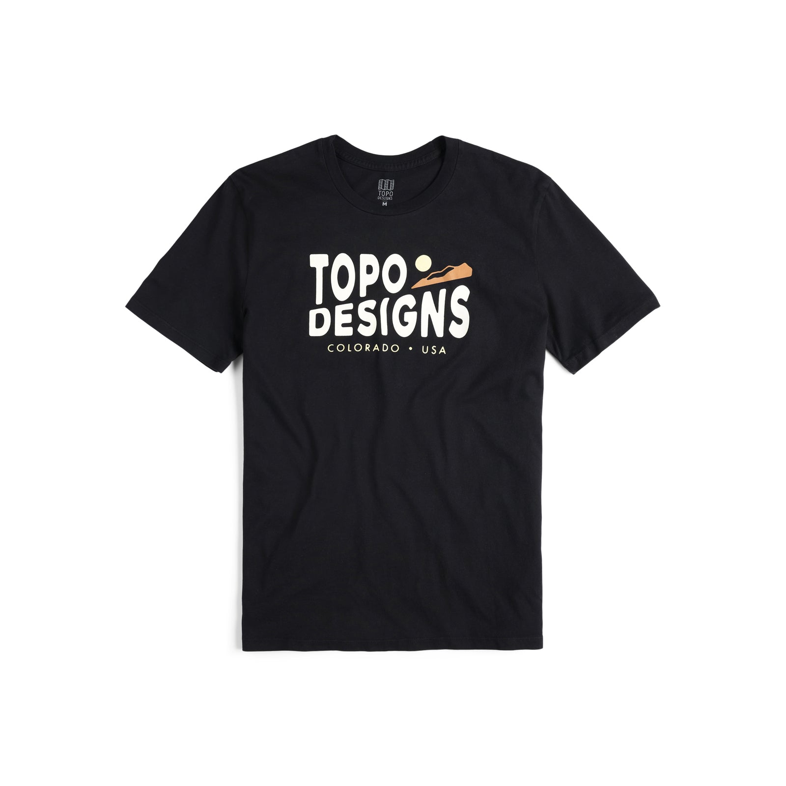 Front view of Topo Designs Men's Small Diamond Tee 100% organic cotton short sleeve graphic logo t-shirt in "black".