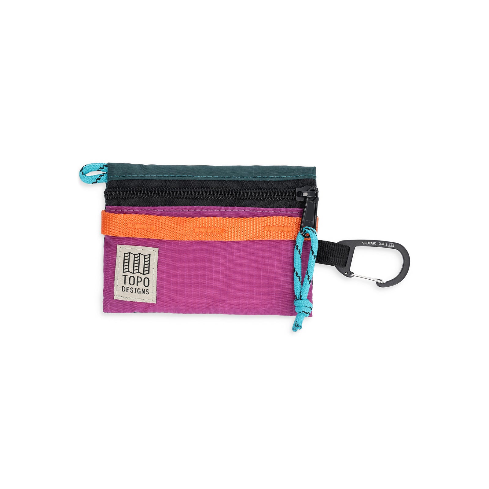 Topo Designs Mountain Accessory Bag carabiner clip pouch keychain wallet in "Botanic Green / Grape" lightweight recycled nylon.