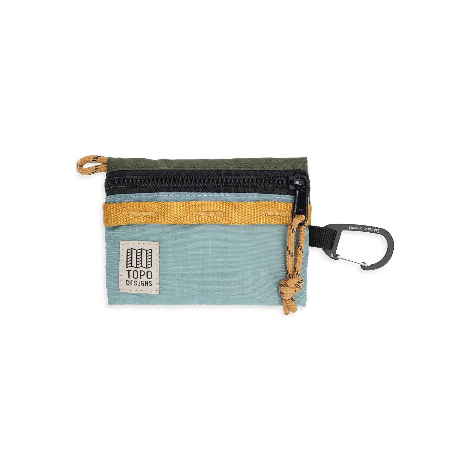 Topo Designs Mountain Accessory Bag carabiner clip pouch keychain wallet in "Olive / Mineral Blue" lightweight recycled nylon.