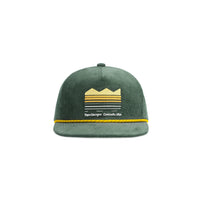 Topo Designs Corduroy Trucker Hat with Strata Map embroidered design on "olive"