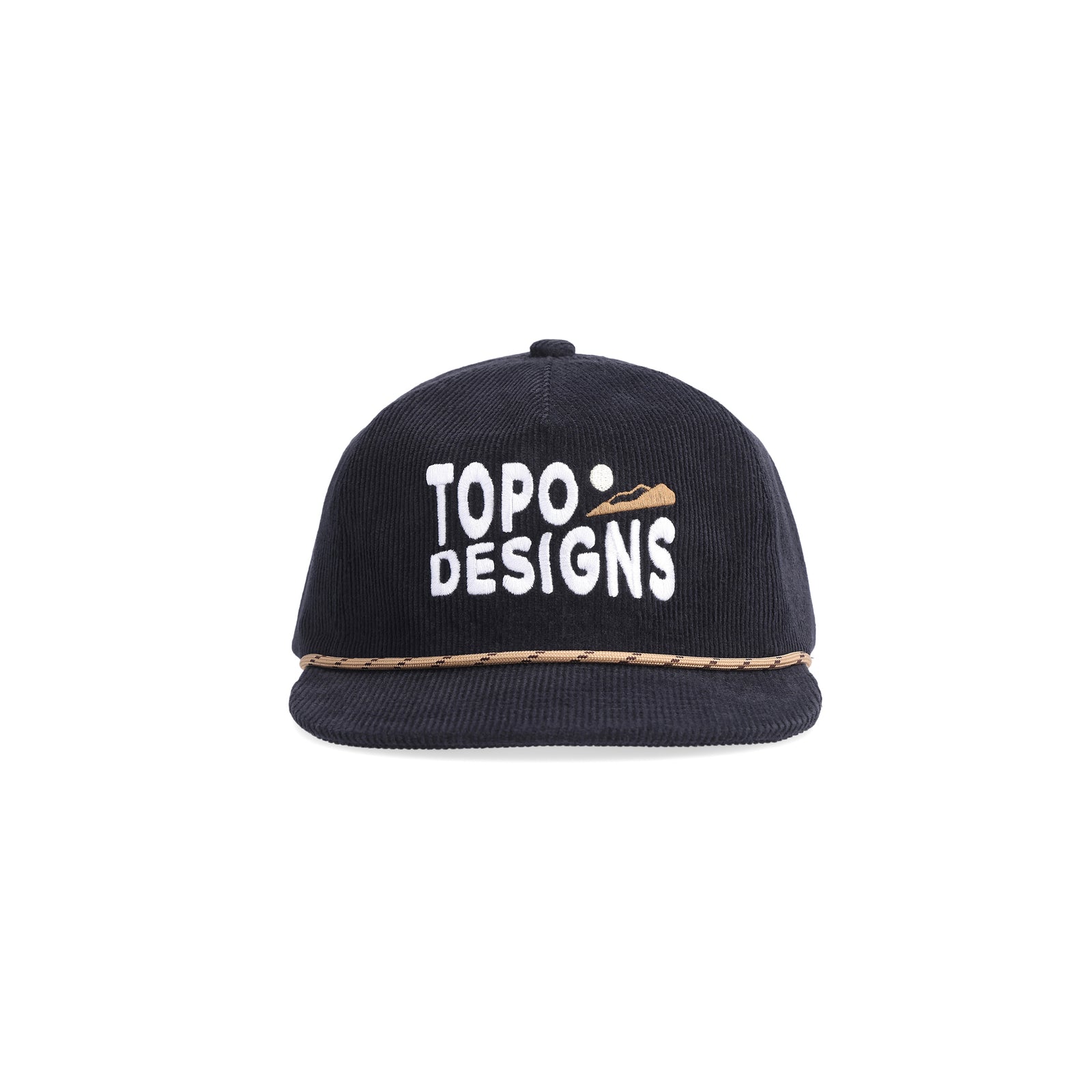 Front shot of Topo Designs Corduroy Trucker Hat with Sunrise graphic patch on "Black" black.