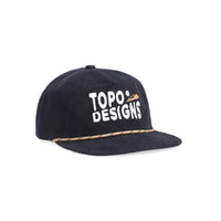 Topo Designs Corduroy Trucker Hat with Sunrise graphic patch on "Black" black.