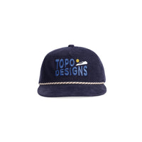 Front shot of Topo Designs Corduroy Trucker Hat with Sunrise graphic patch on "Navy" blue.