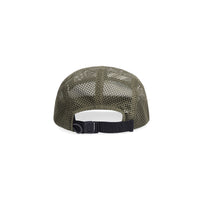 Back shot of Topo Designs Global mesh back Hat in "Green Camo" green. Unstructured 5-panel flexible brim packable hat.