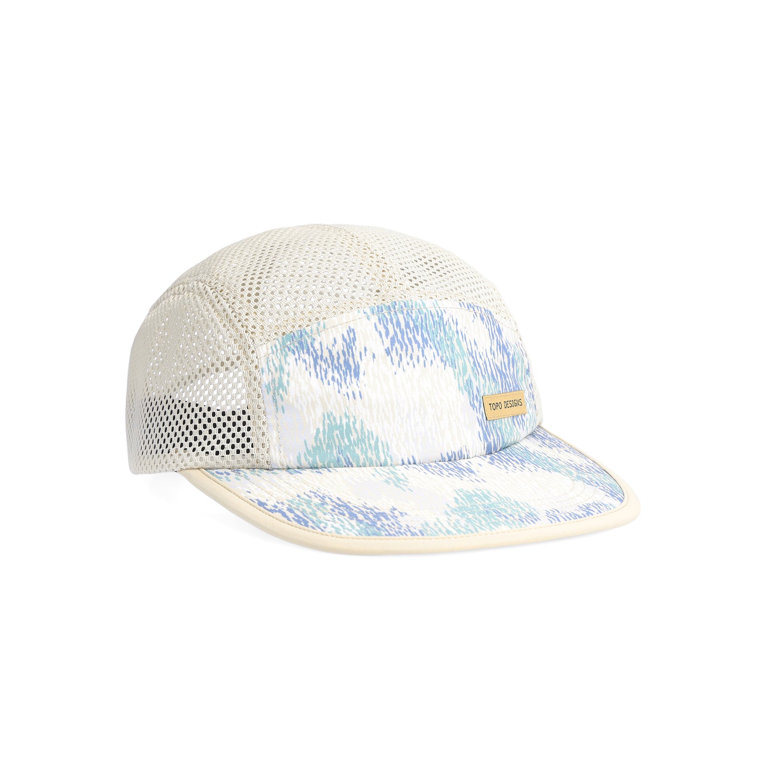 Topo Designs Global mesh back Hat in "Sand / Pebble" white. Unstructured 5-panel flexible brim packable hat.