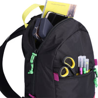 Open main compartment view of Topo Designs Light Pack in recycled "Black / Pink" nylon.
