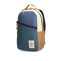 Side view of Topo Designs Light Pack in recycled "Pond Blue / Botanic Green" nylon.