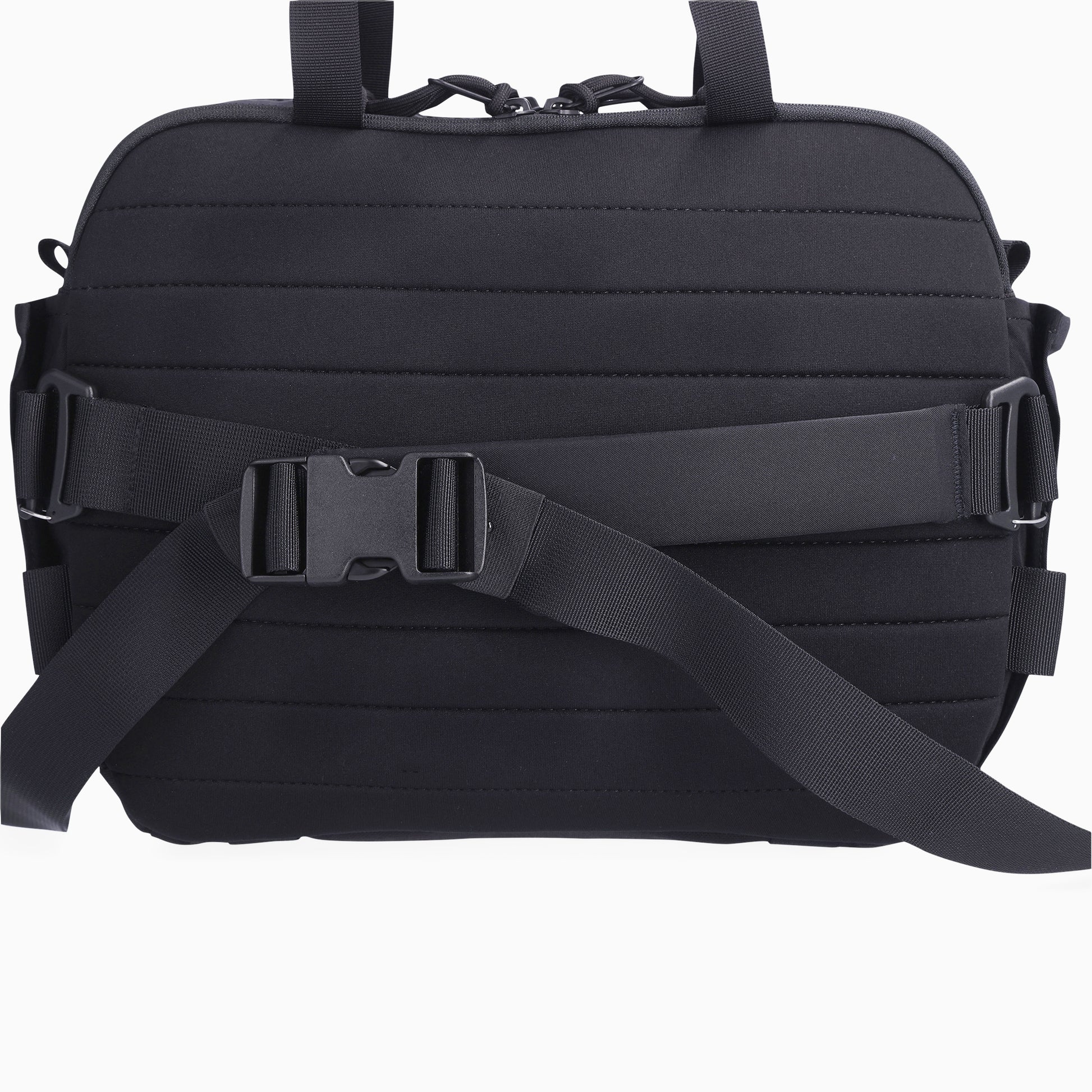 Back view showing buckle and strap for the Topo Designs Mountain Cross Bag in recycled "Black" nylon.