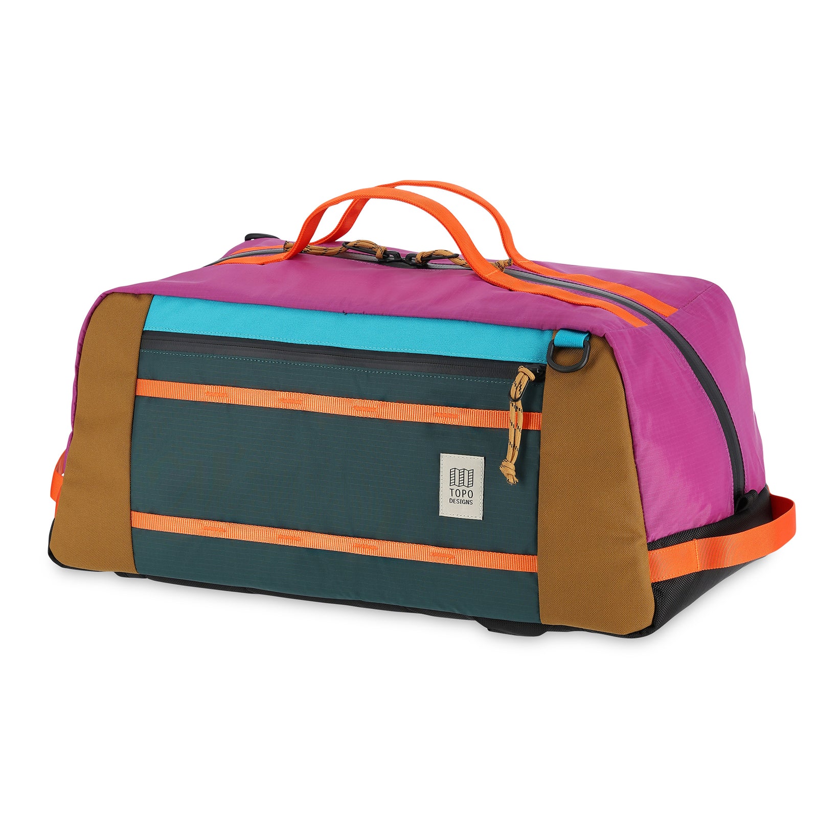 Topo Designs Mountain Duffel 40L backpack gear bag in recycled "Botanic Green / Grape" nylon.