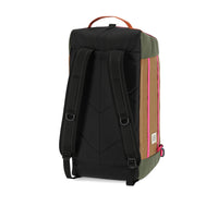 General shot of padded backpack straps on Topo Designs Mountain Duffel 40L gear bag in recycled "Burgundy / Dark Khaki" nylon.