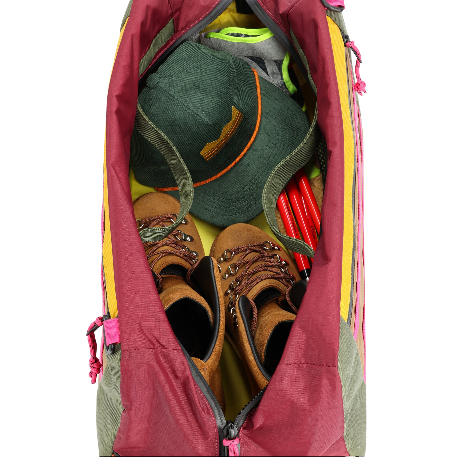 Photo of interior of Topo Designs Mountain Duffel 40L backpack gear bag in recycled "Burgundy / Dark Khaki" nylon.
