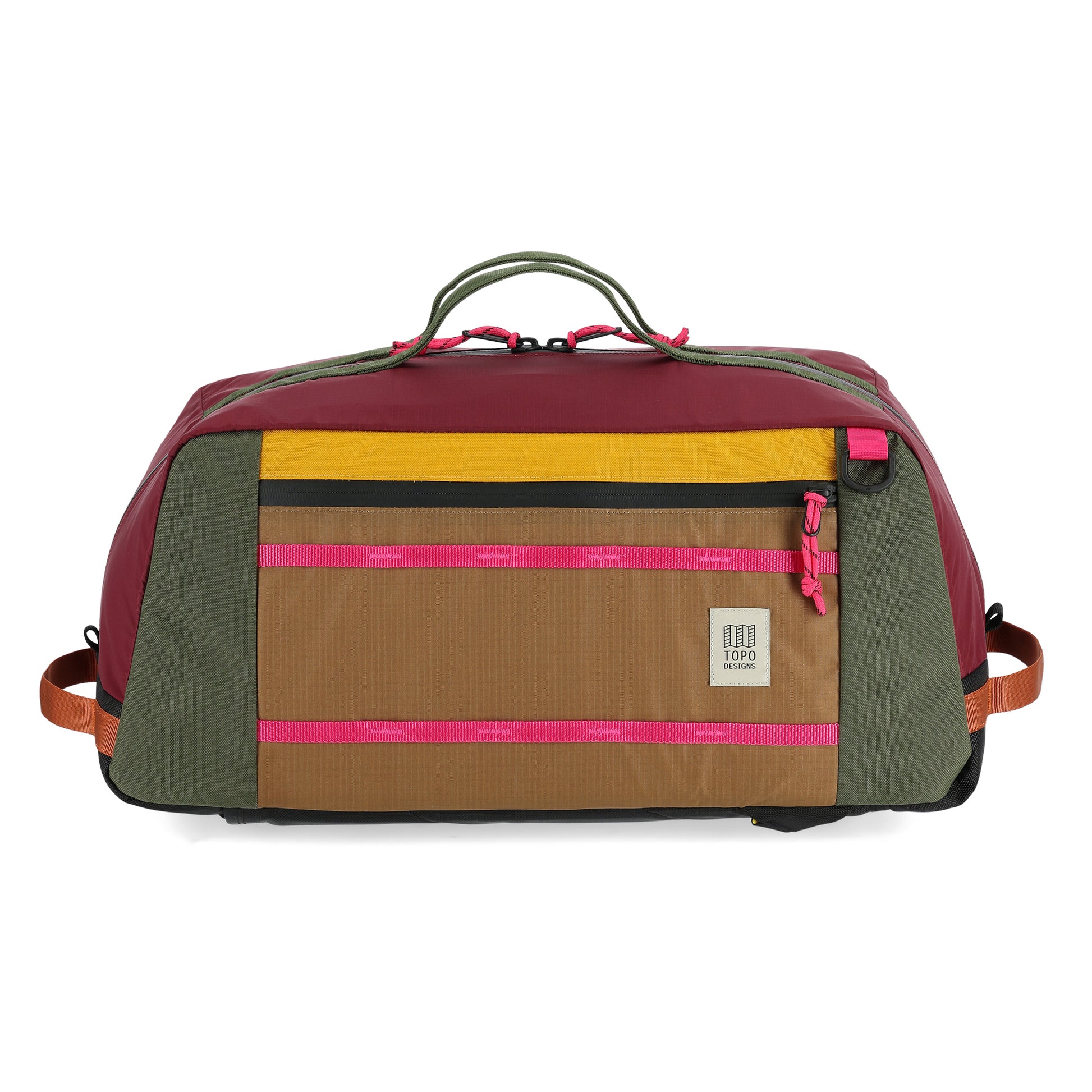 Topo Designs Mountain Duffel 40L backpack gear bag in recycled "Burgundy / Dark Khaki" nylon.