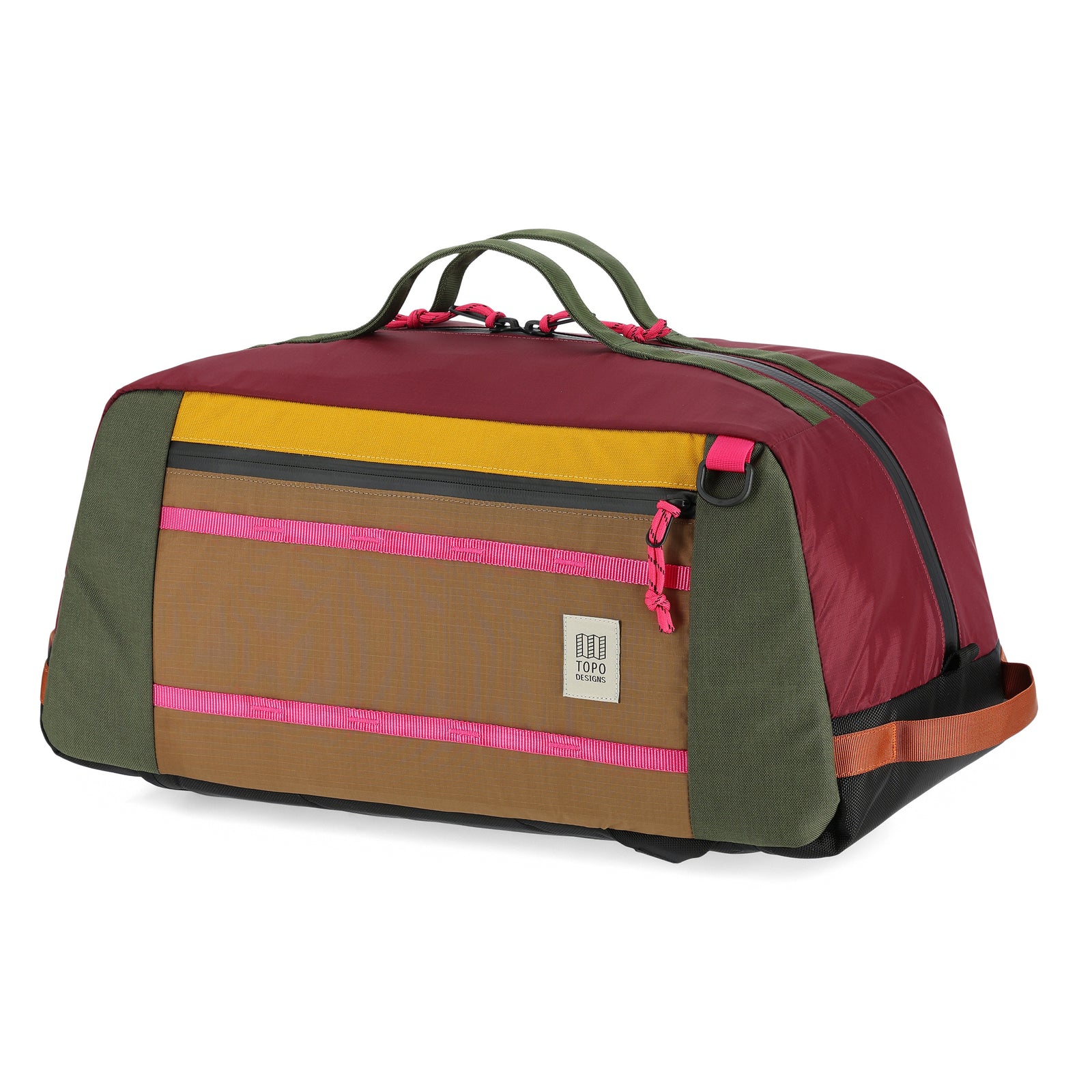 Topo Designs Mountain Duffel 40L backpack gear bag in recycled "Burgundy / Dark Khaki" nylon.