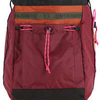Side shot of Topo Designs Mountain Gear Bag tote hauler in lightweight recycled "Burgundy / Dark Khaki" nylon.