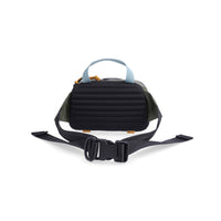 Back shot of padded RidgeBack back panel and waist belt on Topo Designs Mountain Hip Pack lumbar bum bag in "Bone White / Olive".