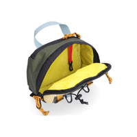 Yellow interior compartment shot of Topo Designs Mountain Hip Pack lumbar bum bag in "Bone White / Olive".