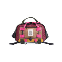 Front shot of Topo Designs Mountain Hip Pack lumbar bum bag in lightweight recycled "Burgundy / Dark Khaki" nylon.