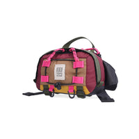 Topo Designs Mountain Hip Pack lumbar bum bag in lightweight recycled "Burgundy / Dark Khaki" nylon.