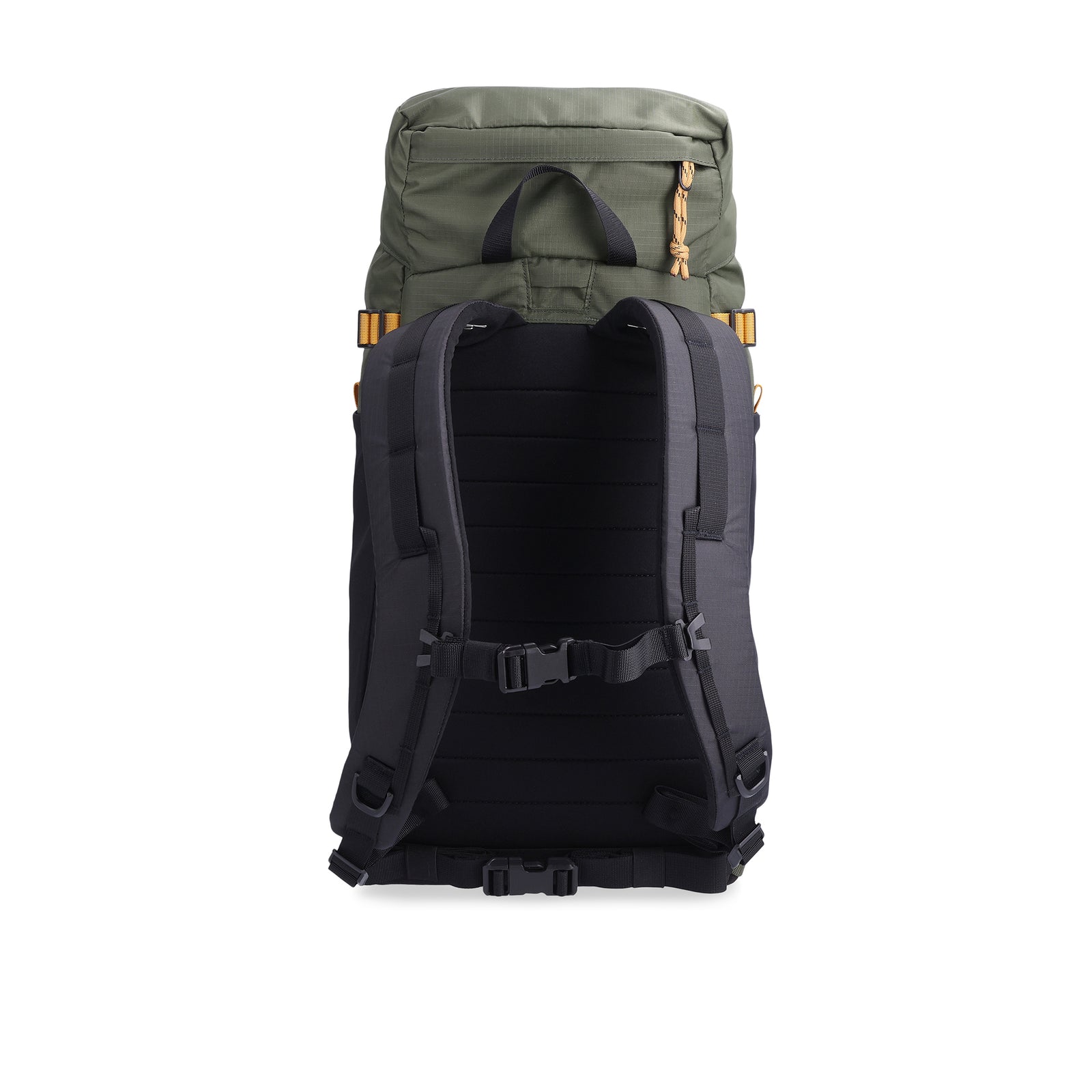 Shot of padded backpack straps and sternum strap on back of Topo Designs Mountain Pack 16L hiking backpack with internal laptop sleeve in lightweight recycled nylon in "Bone White / Olive".