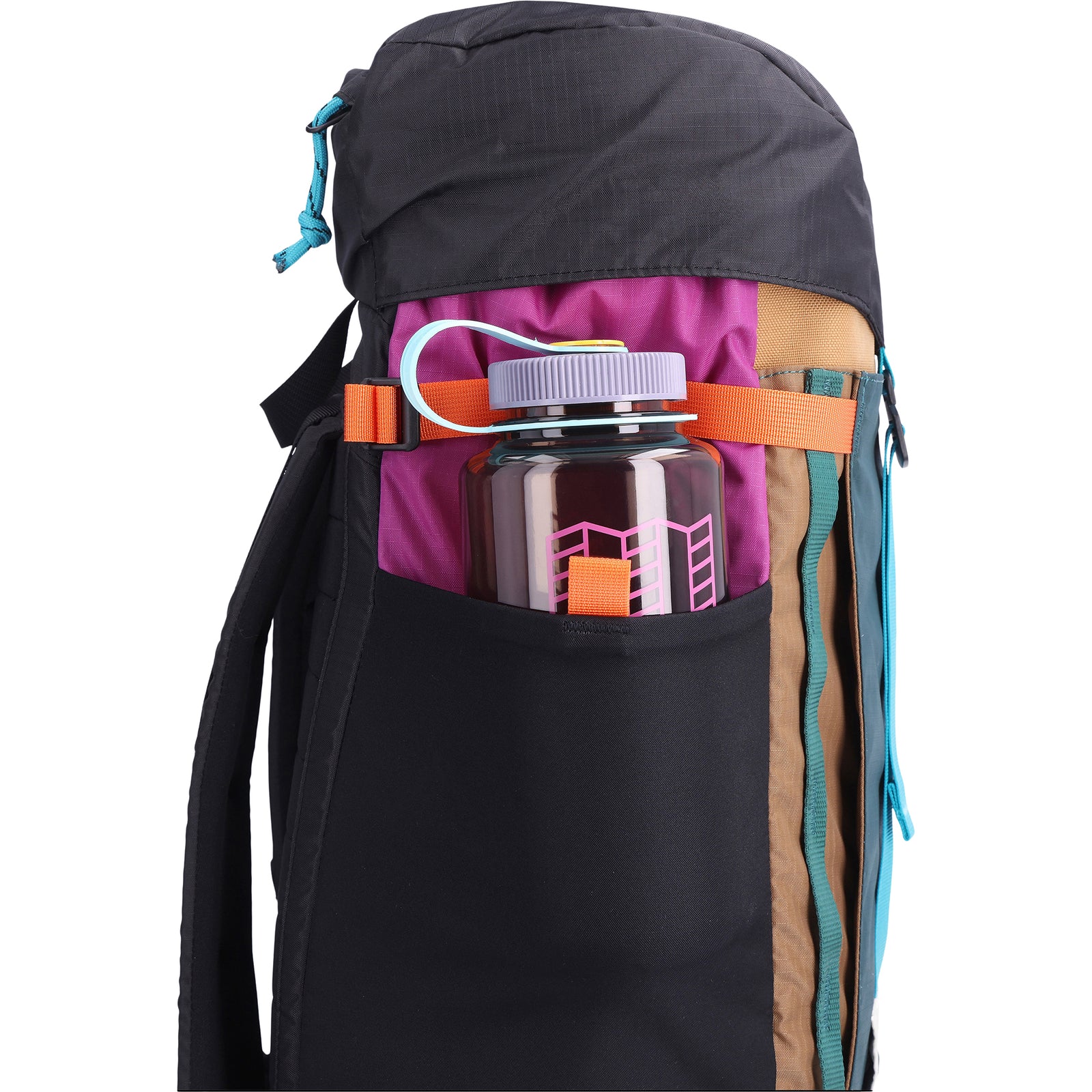 General shot of side water bottle pocket on Topo Designs Mountain Pack 16L hiking backpack with internal laptop sleeve in lightweight recycled nylon in "Burgundy / Dark Khaki".