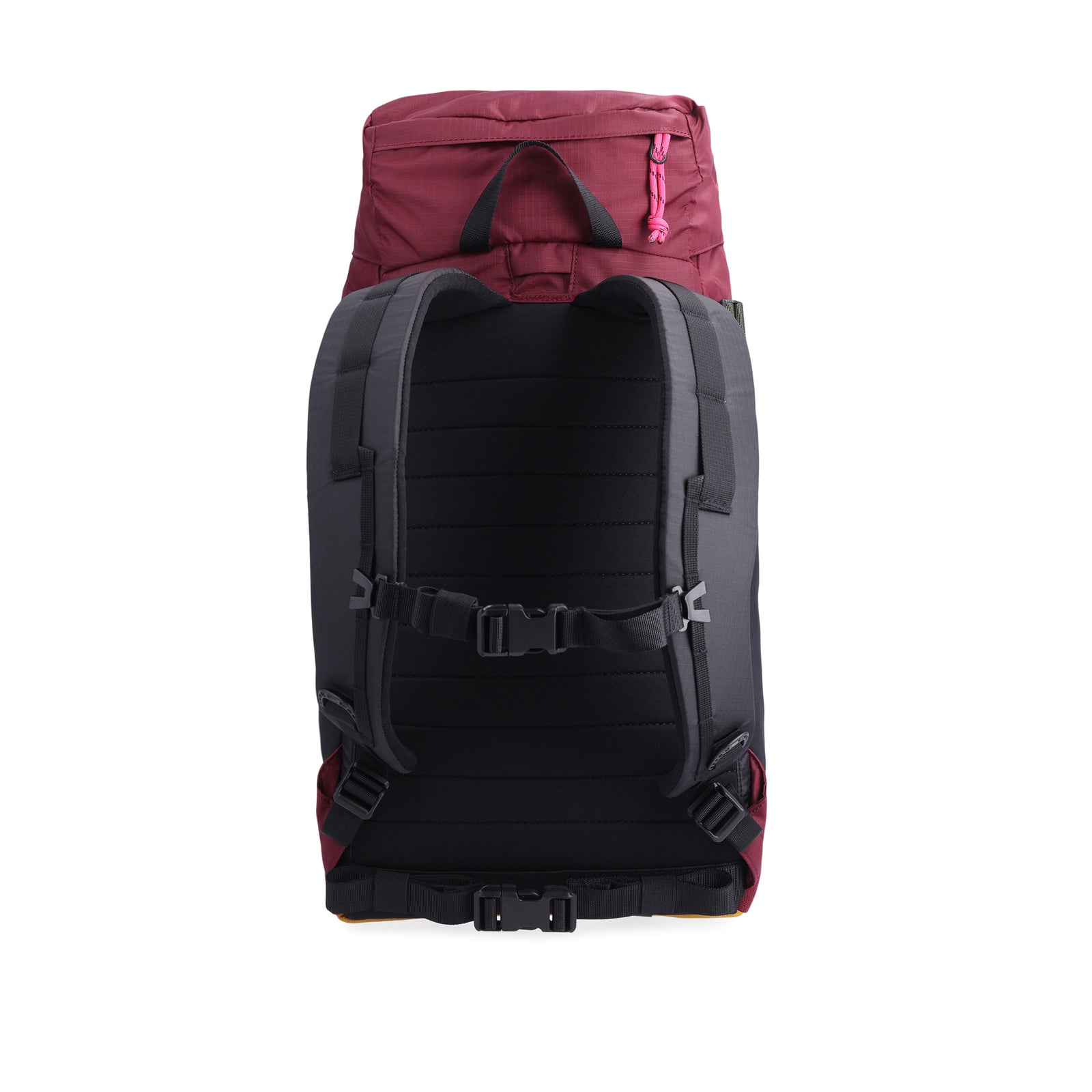 Shot of padded backpack straps and sternum strap on back of Topo Designs Mountain Pack 16L hiking backpack with internal laptop sleeve in lightweight recycled nylon in "Burgundy / Dark Khaki".