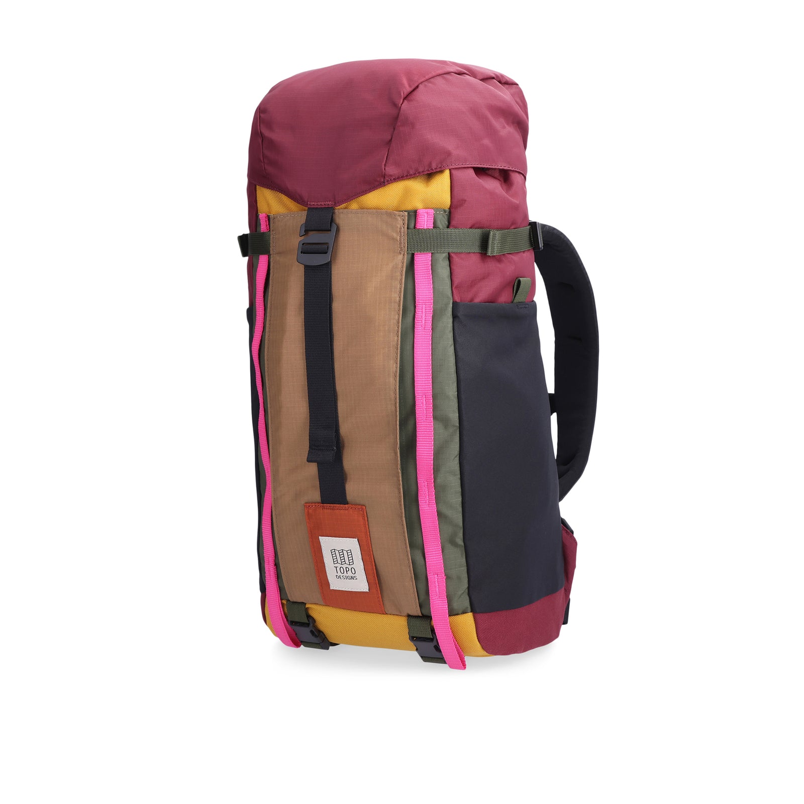 Side view of Topo Designs Mountain Pack 16L hiking backpack with internal laptop sleeve in lightweight recycled nylon "Burgundy / Dark Khaki".