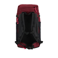 Back shot of Topo Designs Mountain Pack 28L hiking backpack with external laptop sleeve access in lightweight recycled "Burgundy / Dark Khaki" nylon.