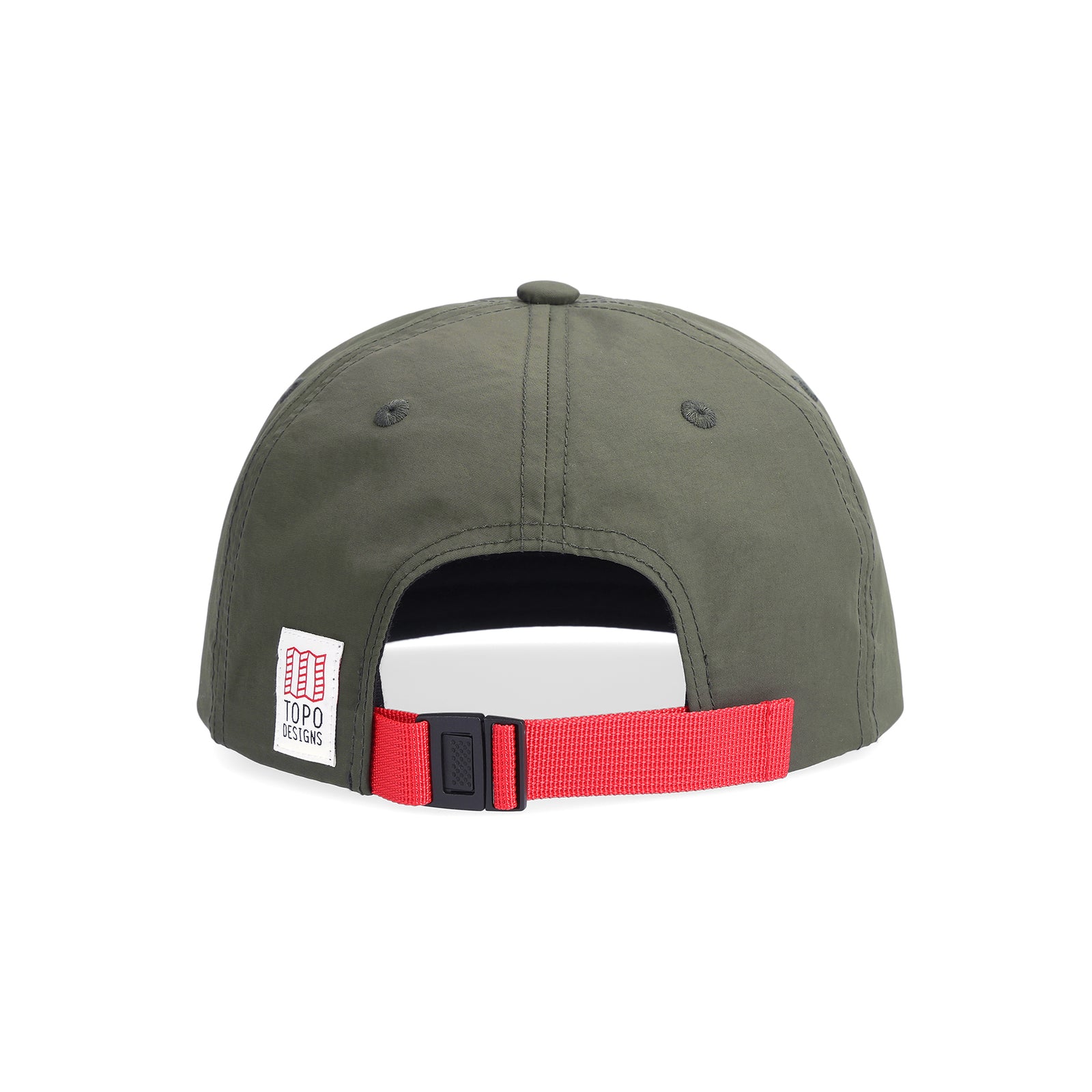 Back view of Topo Designs Nylon Ball Cap Stacked Map embroidered logo hat in "forest" green