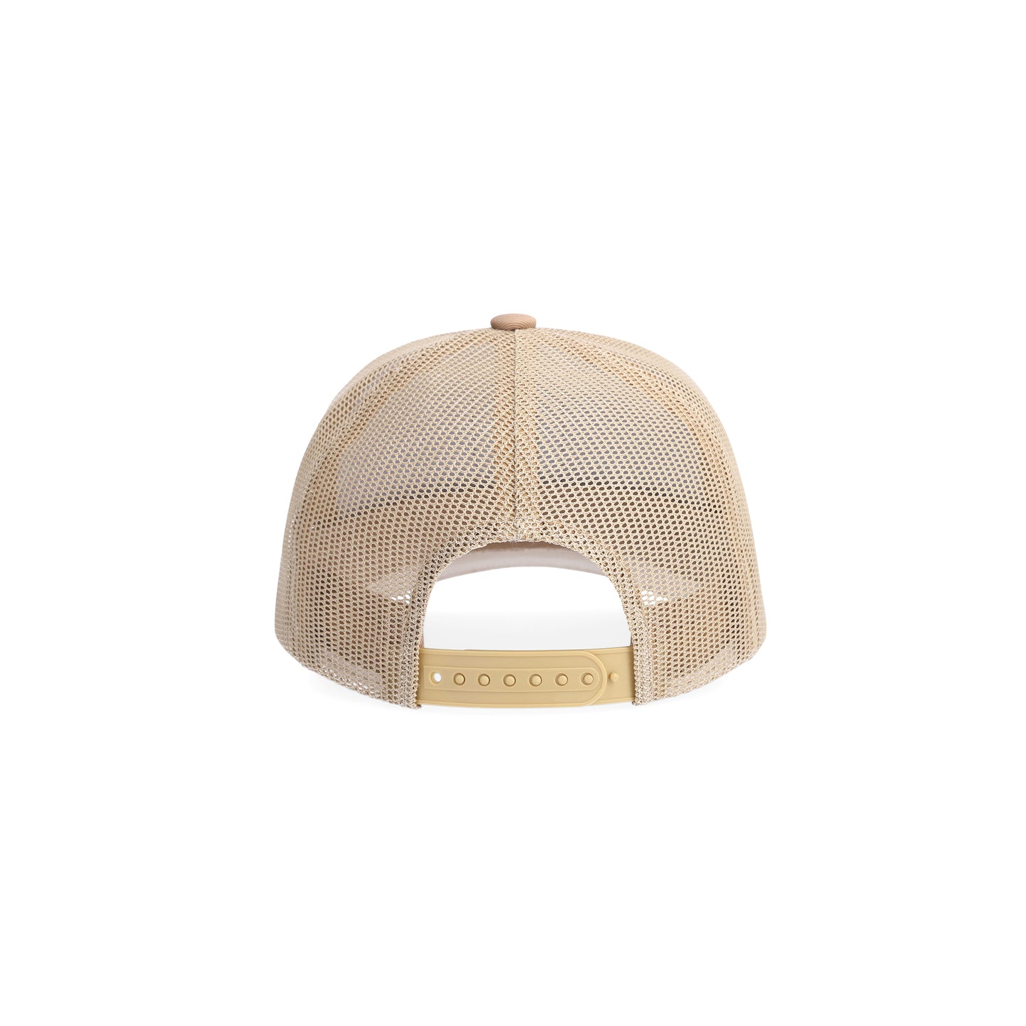 Back shot of Topo Designs Trucker Hat with mesh back and original logo patch in "Tan".