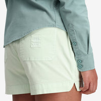 Detail shot of Topo Designs Women's Dirt Shirt in "Sage" Green Blue.